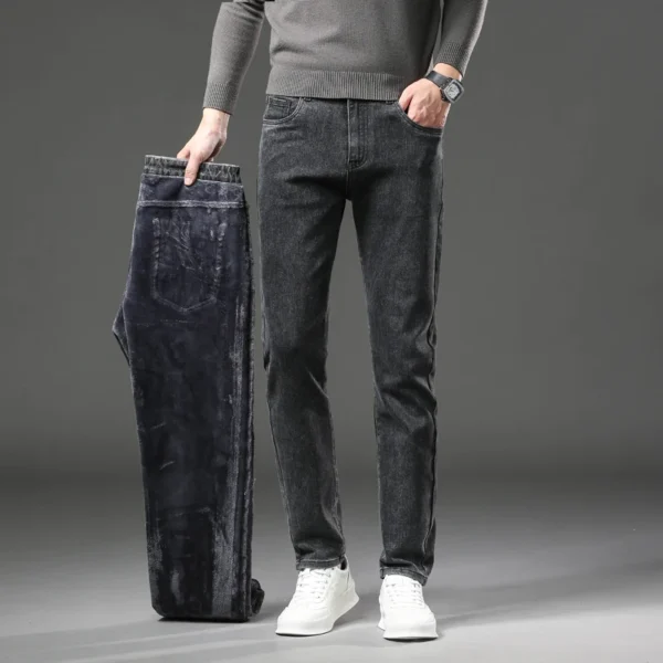 Winter Fleece Thick Warm Jeans Men's Slim Straight Elastic Denim - Image 4