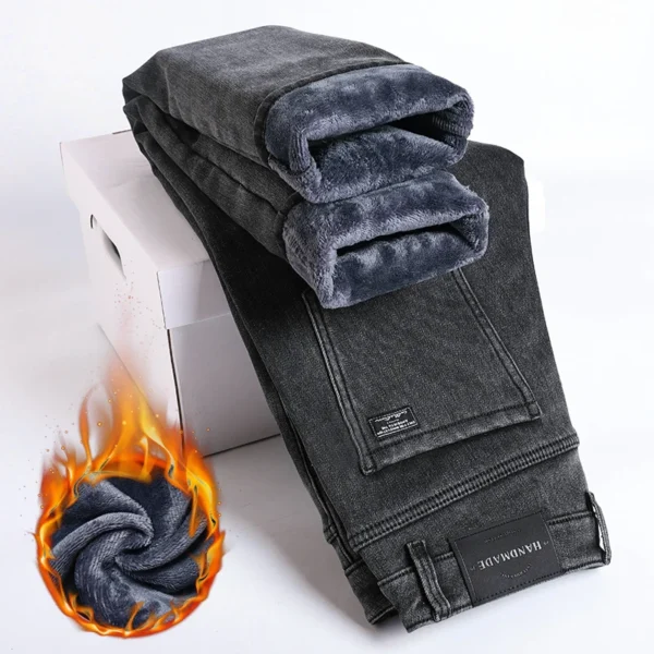 Winter Fleece Thick Warm Jeans Men's Slim Straight Elastic Denim - Image 2