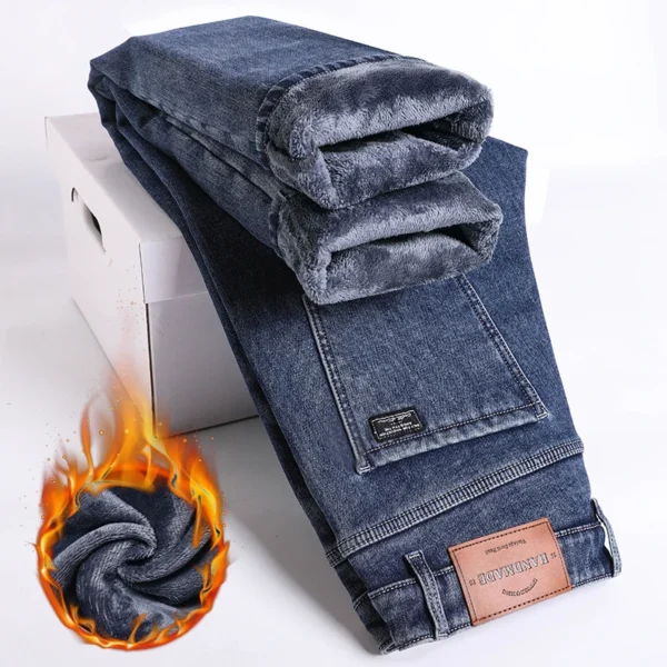 Winter Fleece Thick Warm Jeans Men's Slim Straight Elastic Denim