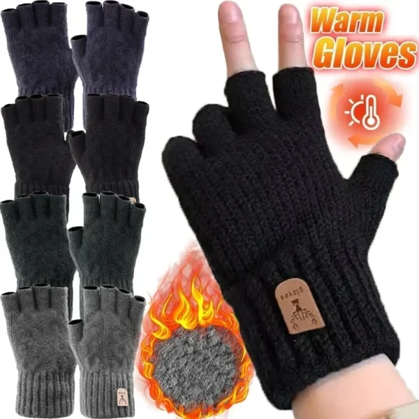 Knitted Thick Thermal Half Finger Gloves Women Men