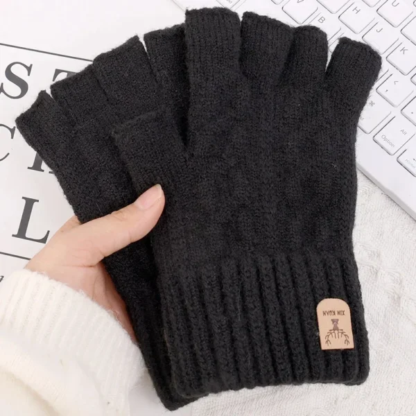 Knitted Thick Thermal Half Finger Gloves Women Men - Image 3