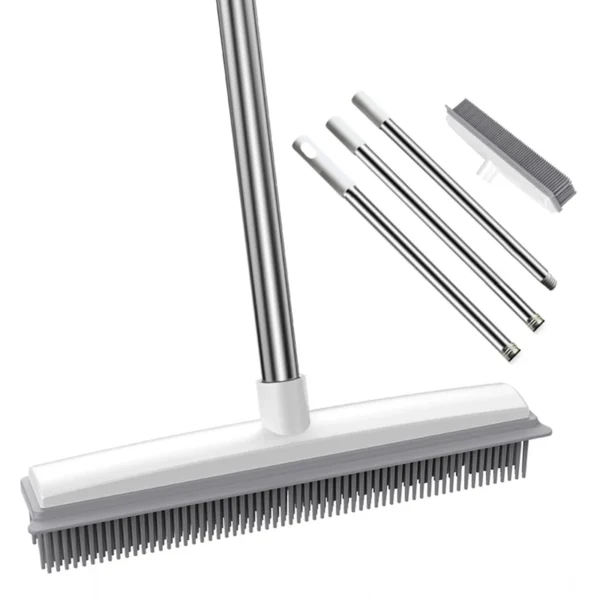 Rubber Broom Carpet Rake with Squeegee Long Handle for Pet Hair Fur Remover Broom for Fluff - Image 2