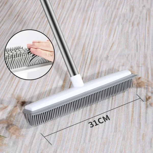 Rubber Broom Carpet Rake with Squeegee Long Handle for Pet Hair Fur Remover Broom for Fluff